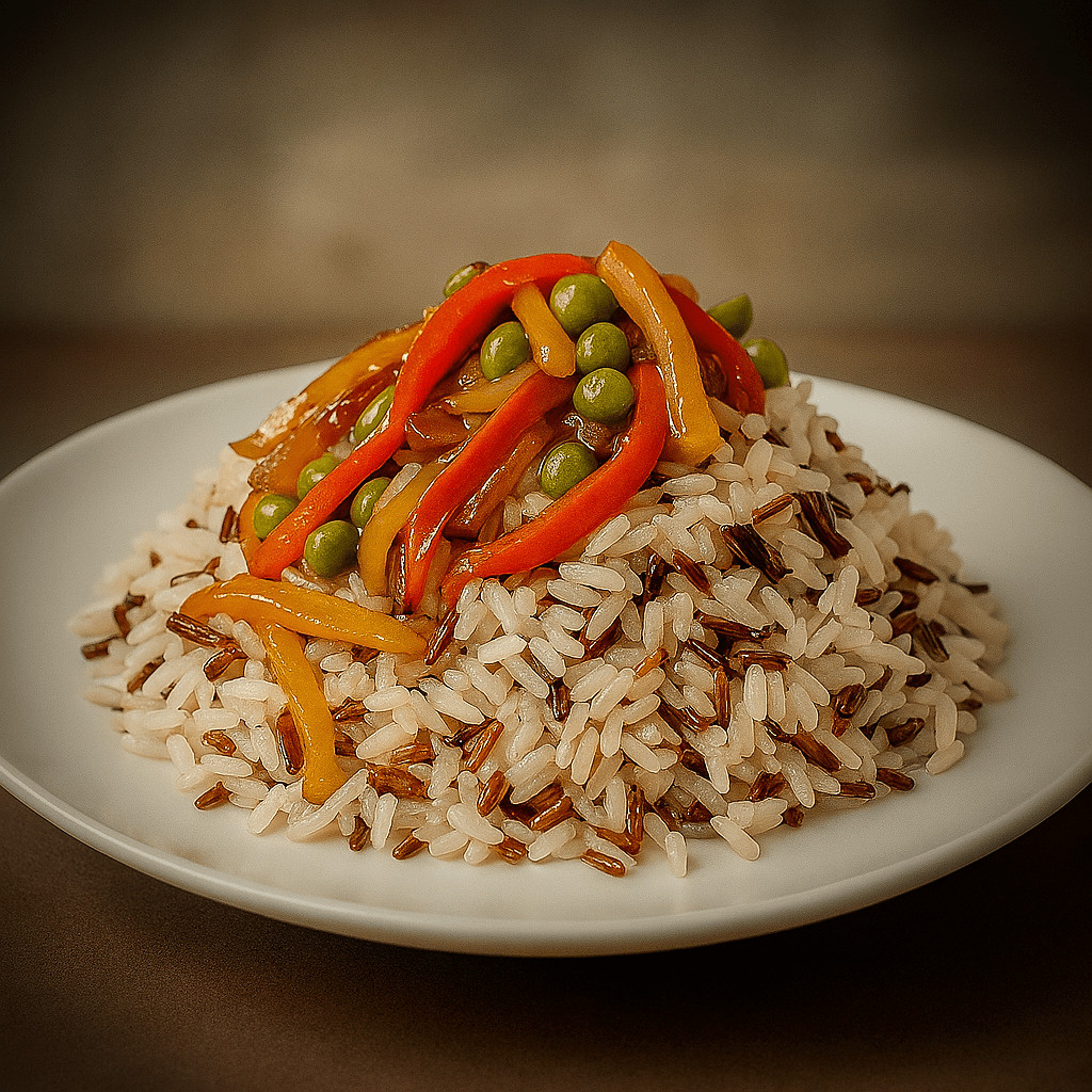 Plato de arroz salvaje, arroz rojo y arroz blanco con pimientos rojos y amarillos, guisantes y cebolla salteada, servido en plato blanco con viñeta oscura.