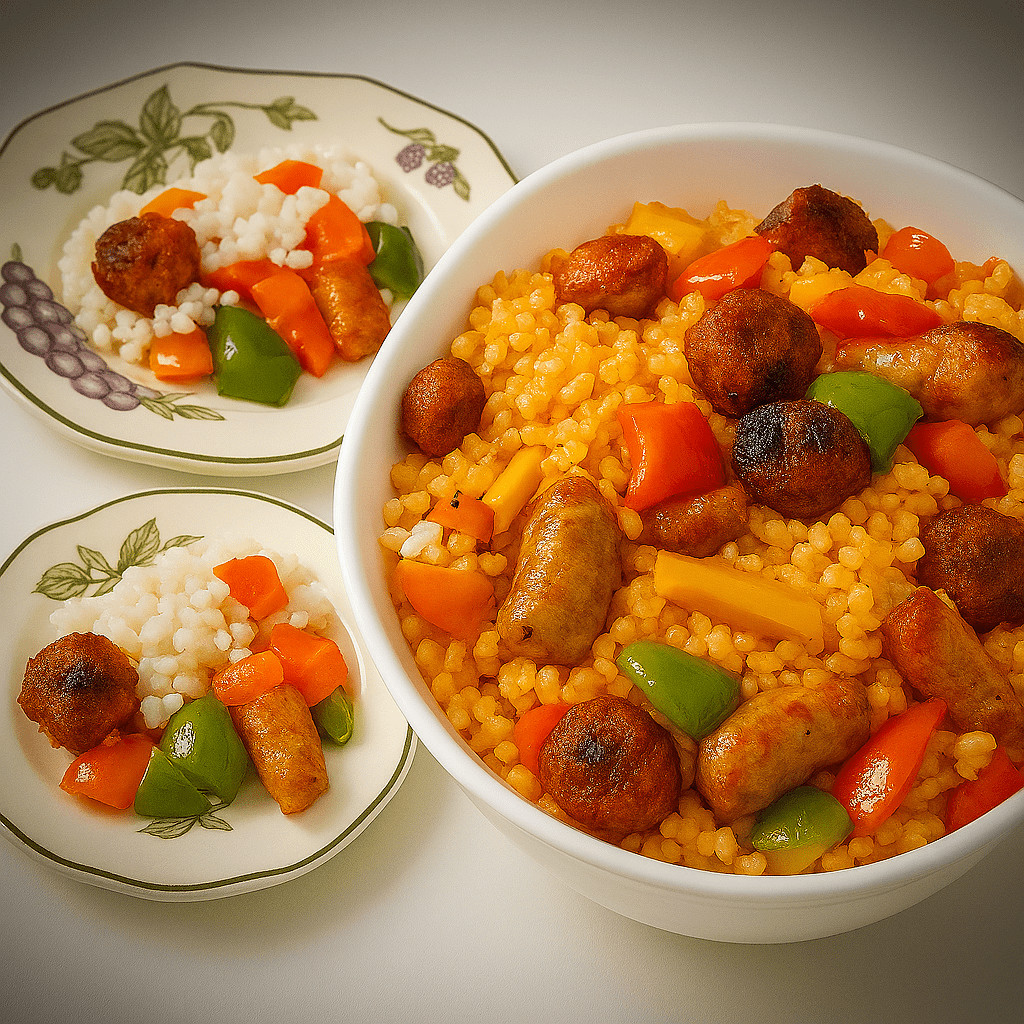 Arroz a la mexicana con chorizo, salchicha y pimientos rojos, verdes y amarillos, servido en bol blanco con viñeta oscura.