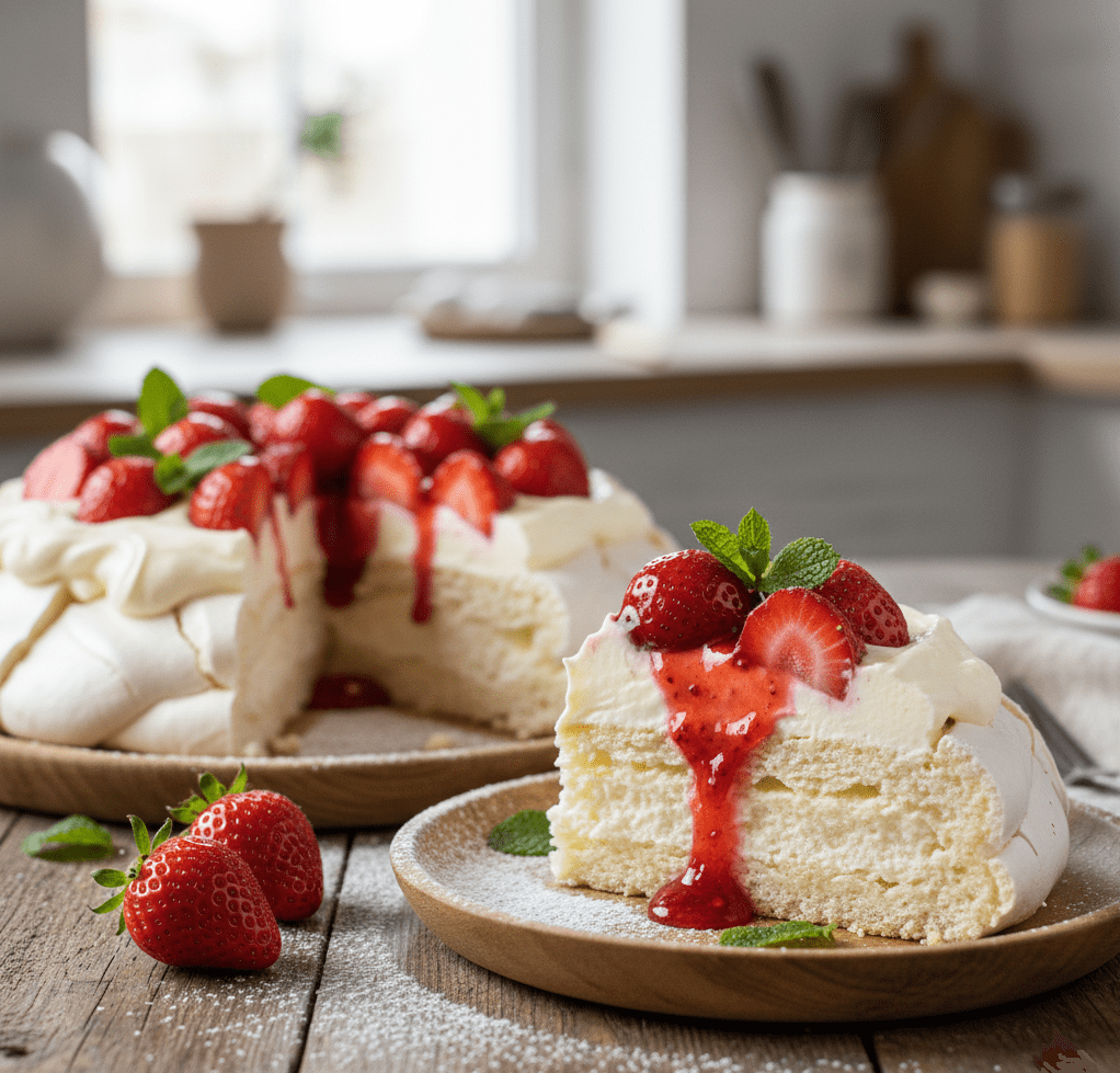 Primer plano de una porción de Tarta Pavlova, mostrando el interior suave tipo nube, la crema y las capas de fresa.
