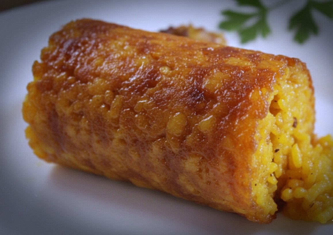 Arroz socarrat de conejo. Primer plano de un rollo de arroz socarrat de conejo con una textura tostada y crujiente.