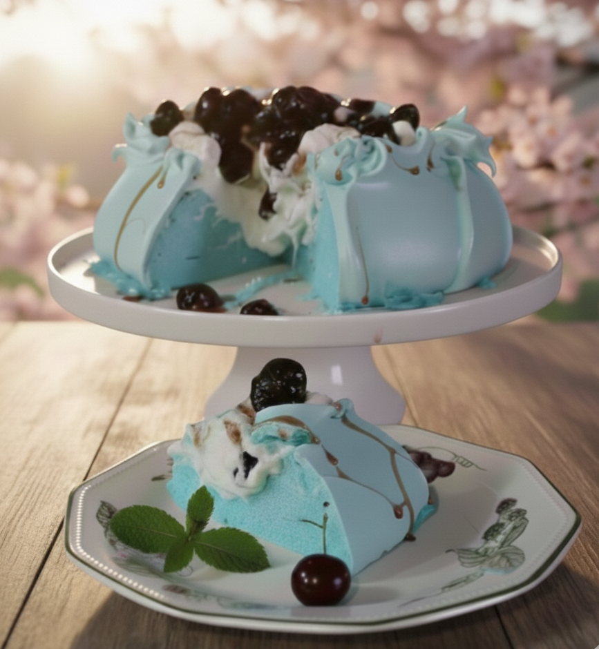 Tarta Pavlova azul decorada con crema de queso y mermelada de cerezas frescas sobre soporte blanco.